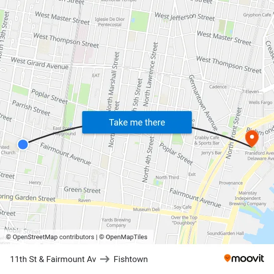 11th St & Fairmount Av to Fishtown map