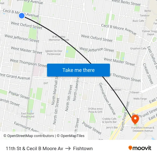 11th St & Cecil B Moore Av to Fishtown map