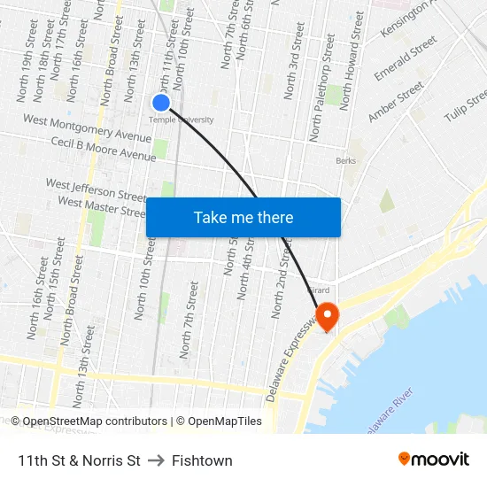 11th St & Norris St to Fishtown map