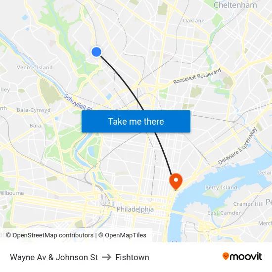 Wayne Av & Johnson St to Fishtown map