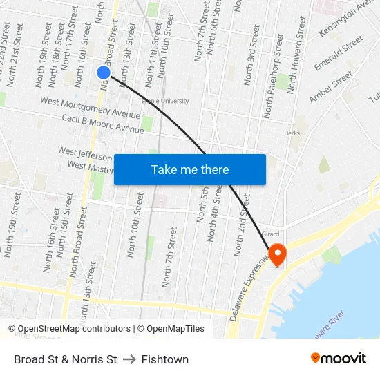 Broad St & Norris St to Fishtown map