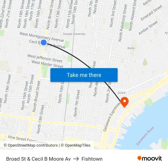 Broad St & Cecil B Moore Av to Fishtown map