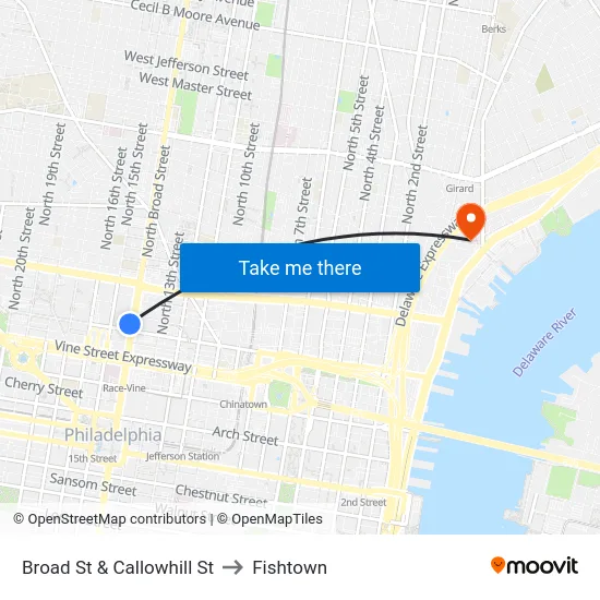Broad St & Callowhill St to Fishtown map