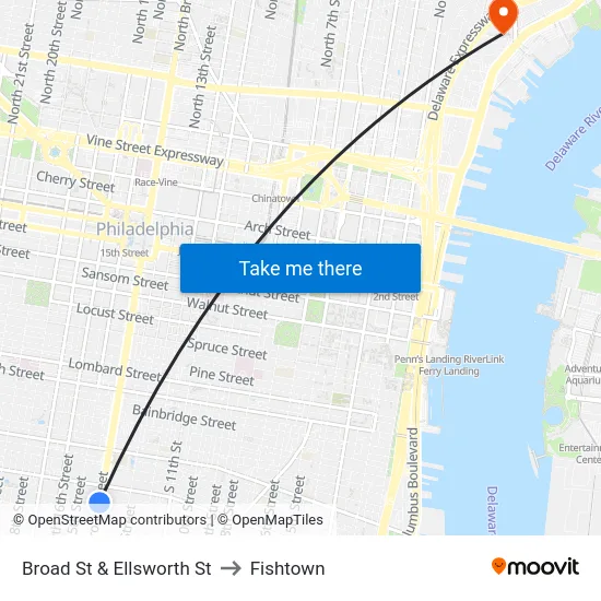 Broad St & Ellsworth St to Fishtown map