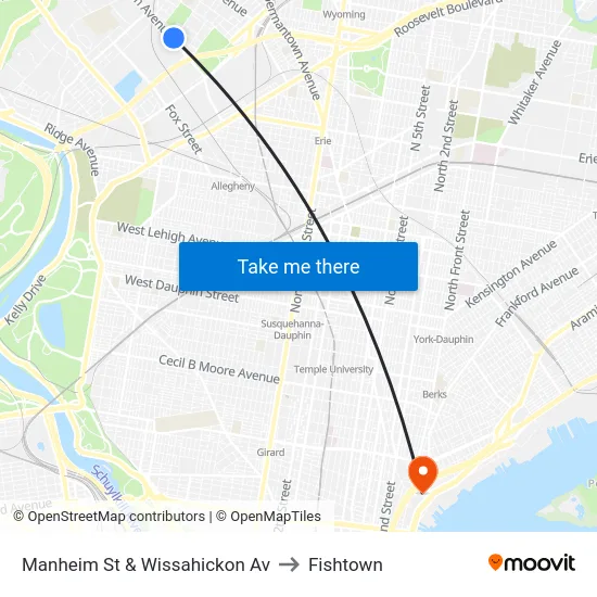 Manheim St & Wissahickon Av to Fishtown map