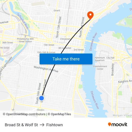 Broad St & Wolf St to Fishtown map