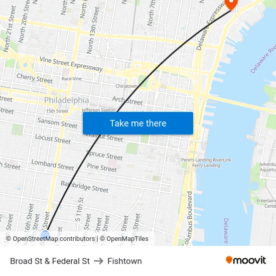 Broad St & Federal St to Fishtown map