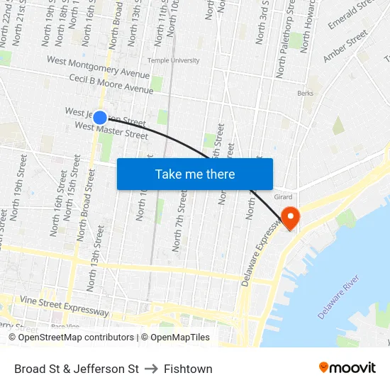 Broad St & Jefferson St to Fishtown map