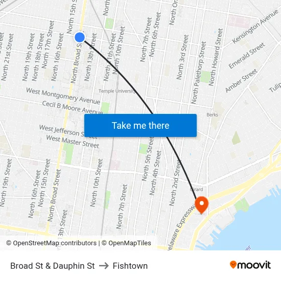 Broad St & Dauphin St to Fishtown map