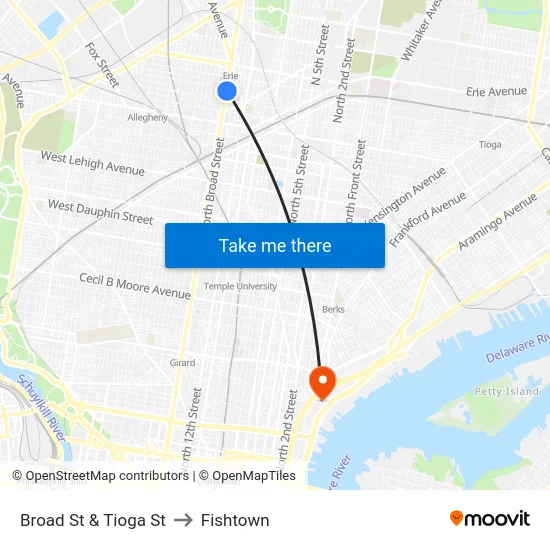 Broad St & Tioga St to Fishtown map