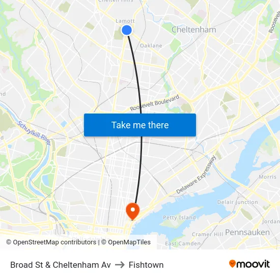 Broad St & Cheltenham Av to Fishtown map