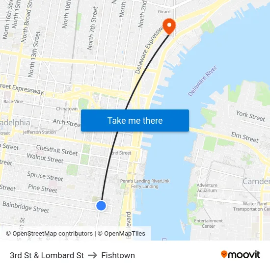 3rd St & Lombard St to Fishtown map