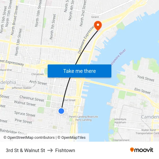 3rd St & Walnut St to Fishtown map