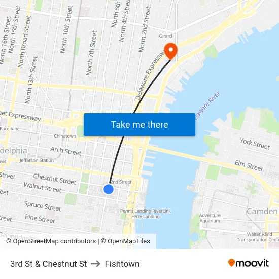3rd St & Chestnut St to Fishtown map