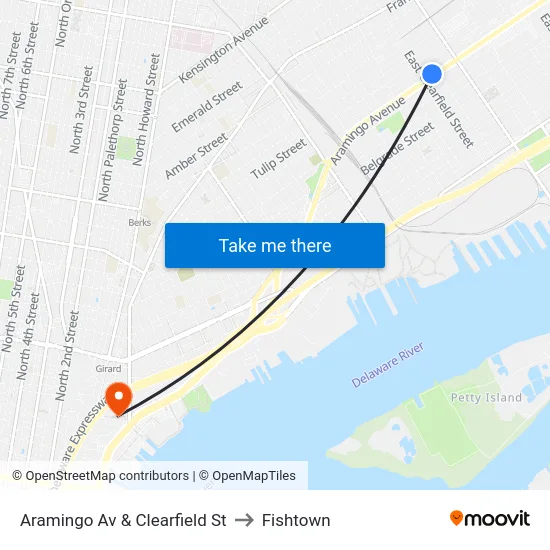 Aramingo Av & Clearfield St to Fishtown map