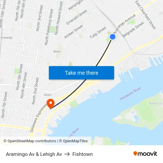 Aramingo Av & Lehigh Av to Fishtown map
