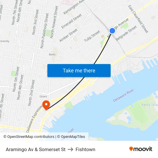Aramingo Av & Somerset St to Fishtown map