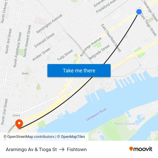 Aramingo Av & Tioga St to Fishtown map