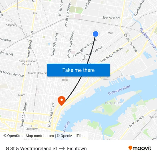 G St & Westmoreland St to Fishtown map