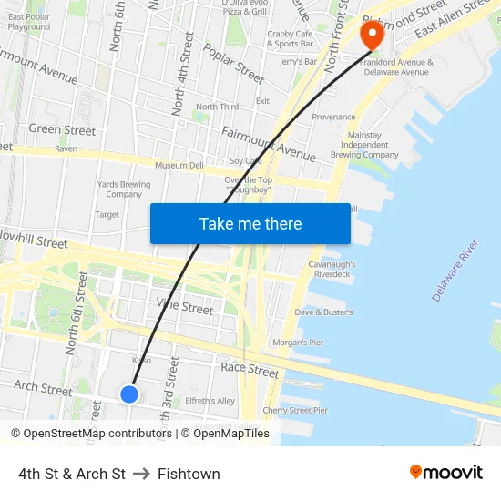 4th St & Arch St to Fishtown map