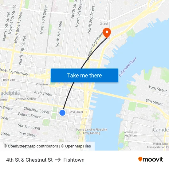 4th St & Chestnut St to Fishtown map