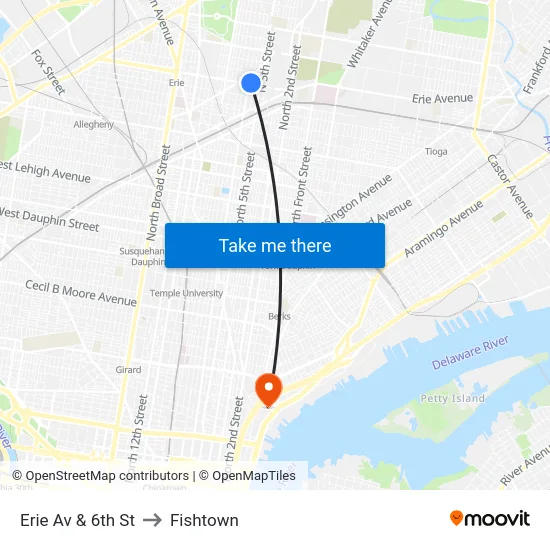 Erie Av & 6th St to Fishtown map