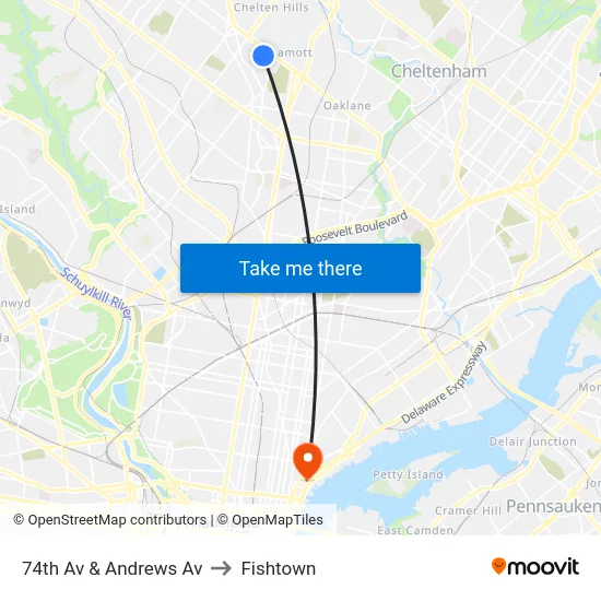 74th Av & Andrews Av to Fishtown map