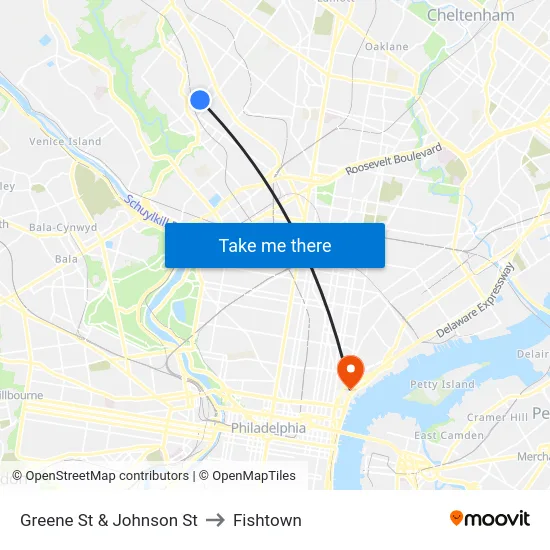 Greene St & Johnson St to Fishtown map