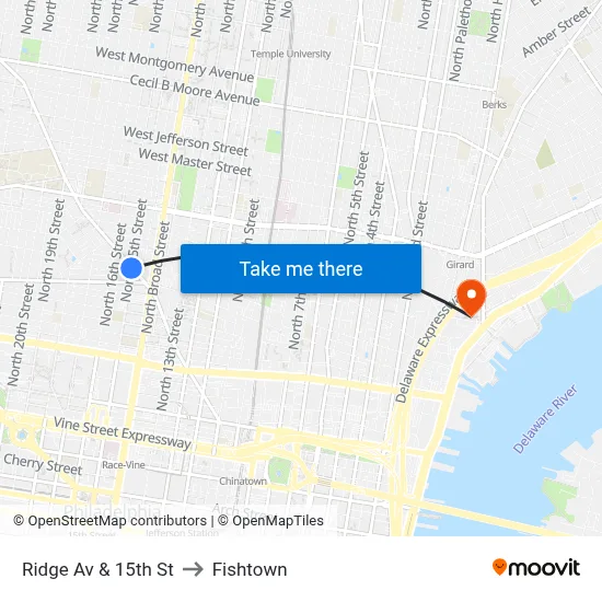 Ridge Av & 15th St to Fishtown map