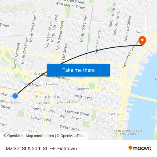 Market St & 20th St to Fishtown map
