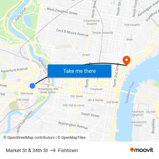 Market St & 34th St to Fishtown map