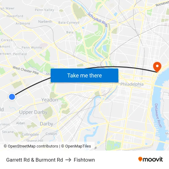 Garrett Rd & Burmont Rd to Fishtown map