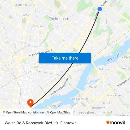 Welsh Rd & Roosevelt Blvd to Fishtown map
