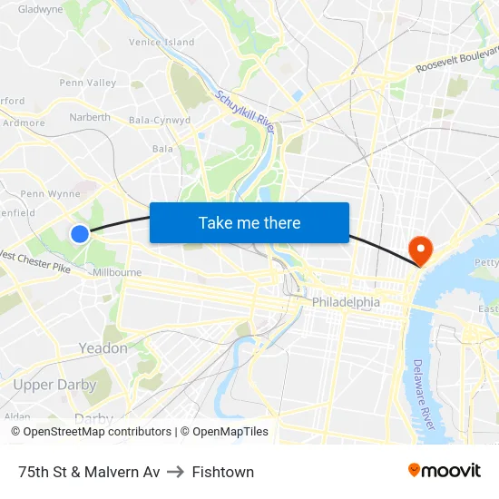 75th St & Malvern Av to Fishtown map