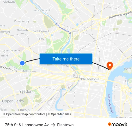 75th St & Lansdowne Av to Fishtown map