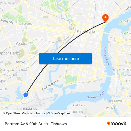 Bartram Av & 90th St to Fishtown map