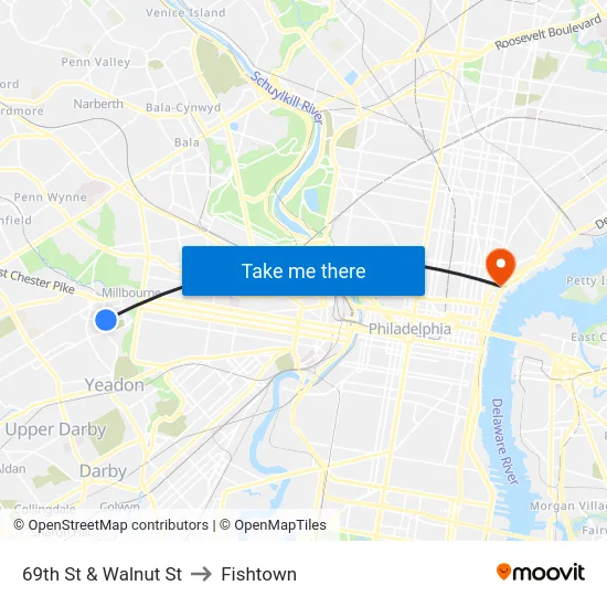 69th St & Walnut St to Fishtown map