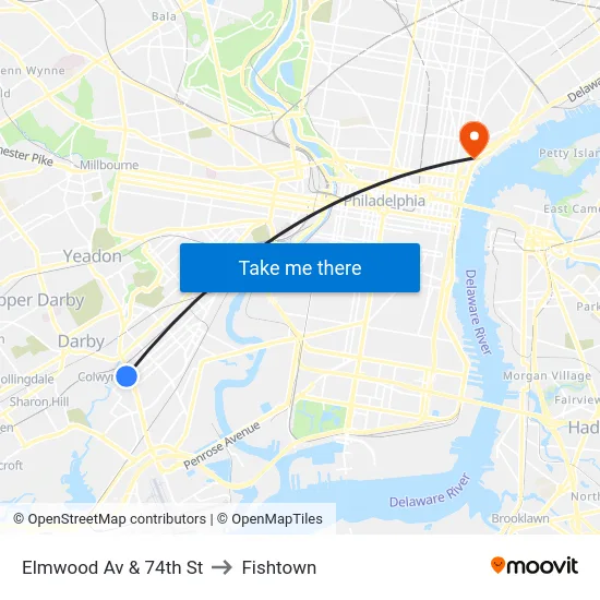 Elmwood Av & 74th St to Fishtown map