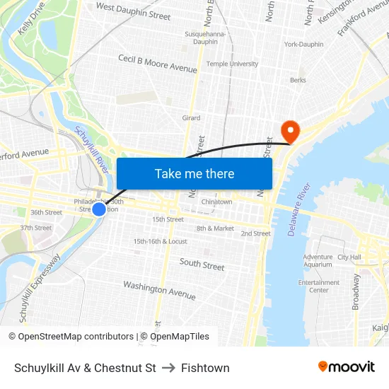 Schuylkill Av & Chestnut St to Fishtown map