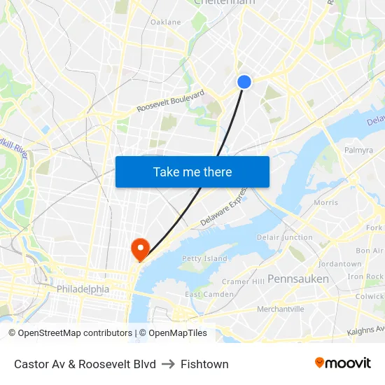 Castor Av & Roosevelt Blvd to Fishtown map