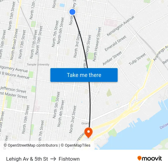 Lehigh Av & 5th St to Fishtown map