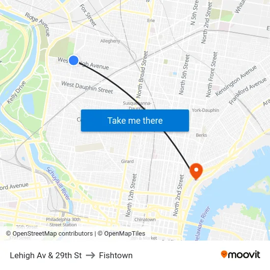 Lehigh Av & 29th St to Fishtown map