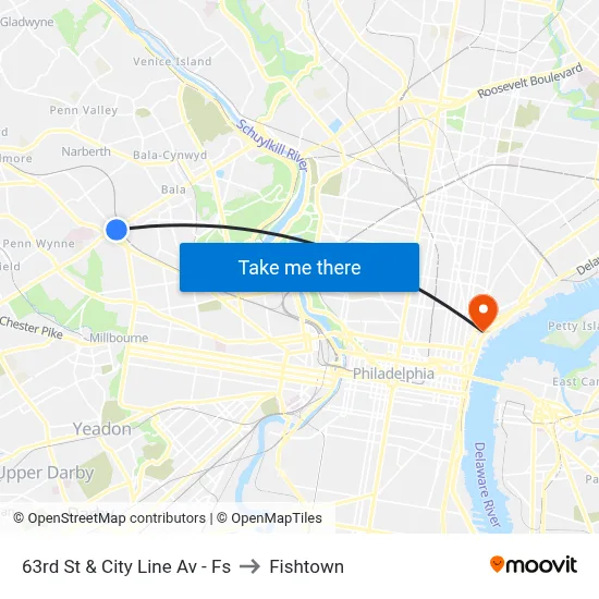 63rd St & City Line Av - Fs to Fishtown map