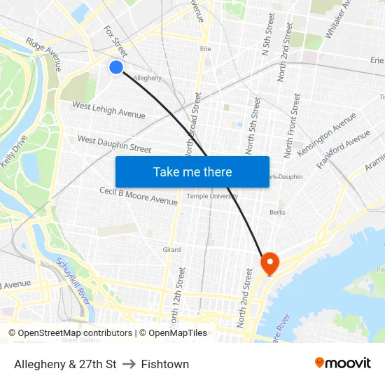 Allegheny & 27th St to Fishtown map
