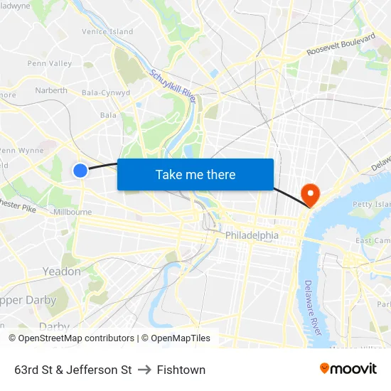 63rd St & Jefferson St to Fishtown map