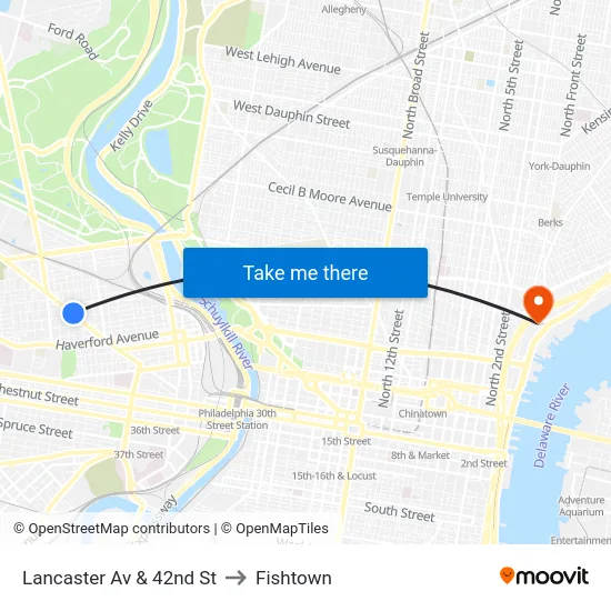 Lancaster Av & 42nd St to Fishtown map