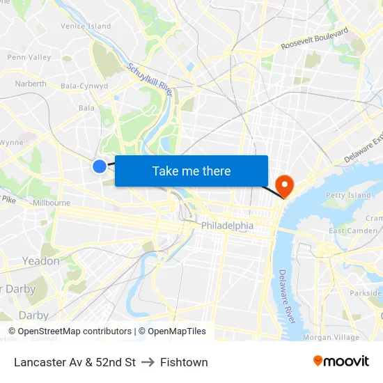 Lancaster Av & 52nd St to Fishtown map