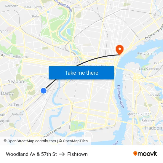 Woodland Av & 57th St to Fishtown map