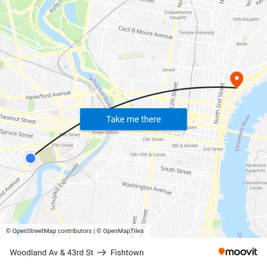 Woodland Av & 43rd St to Fishtown map