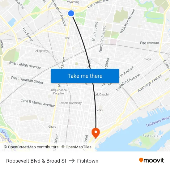 Roosevelt Blvd & Broad St to Fishtown map